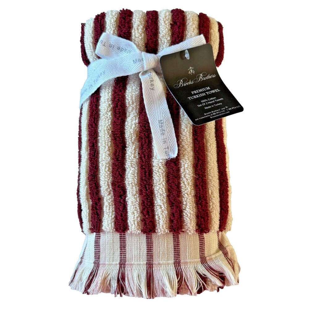 Brooks Brothers Hand Towels Ivory Dark Red Luxury Thick Turkish Cotton Set of 2